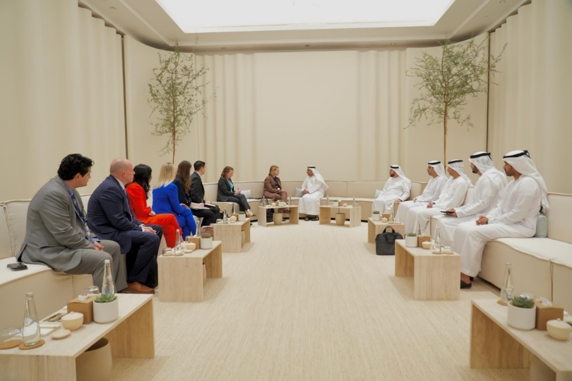 FEMA Administrator Deanne Criswell (middle left) meets with UAE Civil Defense Commander in Chief His Excellency Major General Jassim Mohammed AlMarzouqi (middle right) and colleagues to discuss new frameworks for civil protection and readiness for complex crises. (UAE Civil Defense Photo)