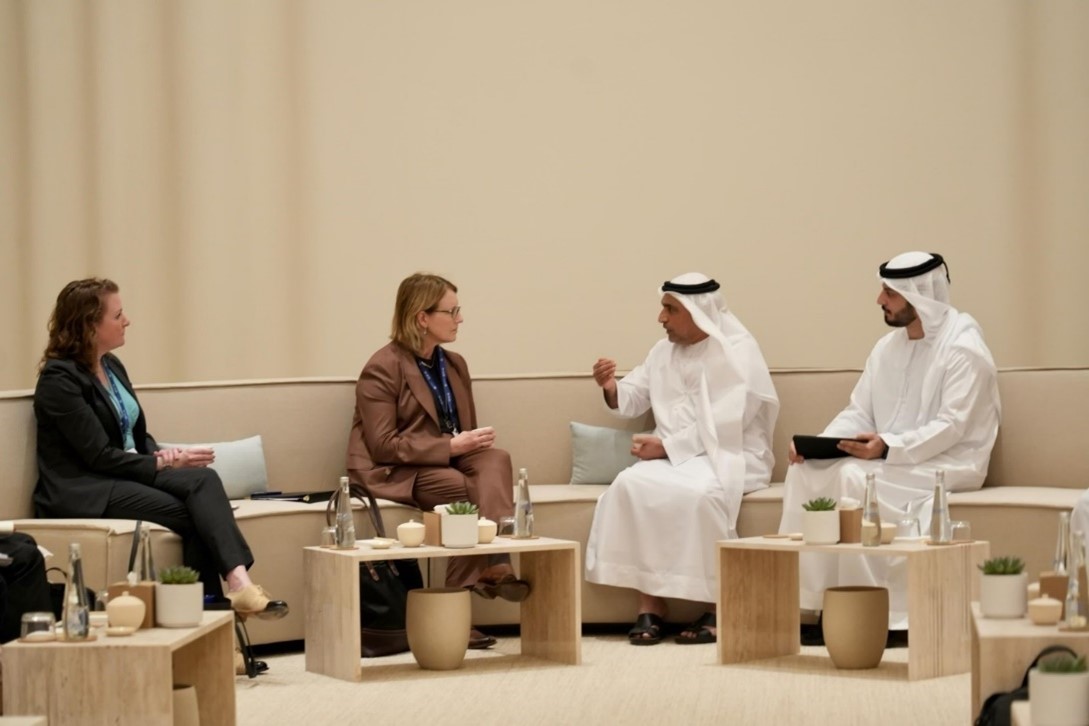 FEMA Administrator Deanne Criswell (middle left) meets with UAE Civil Defense Commander in Chief His Excellency Major General Jassim Mohammed AlMarzouqi (middle right) and colleagues to discuss new frameworks for civil protection and readiness for complex crises. (UAE Civil Defense Photo)