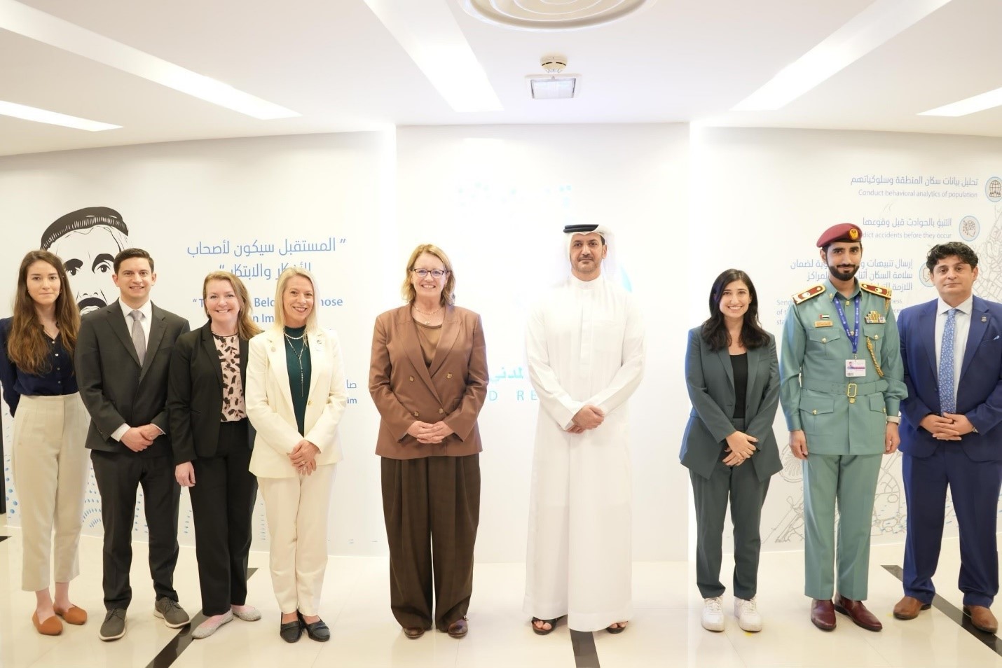 FEMA Administrator Deanne Criswell (middle left) and Deputy Director of Dubai Civil Defense and Deputy Commander of UAE Civil Defense His Excellency Major General Jamal bin Aded Al Muhairi (middle right) met with staff to discuss disaster resilience and shared COP28 goals. (UAE Civil Defense Photo)
