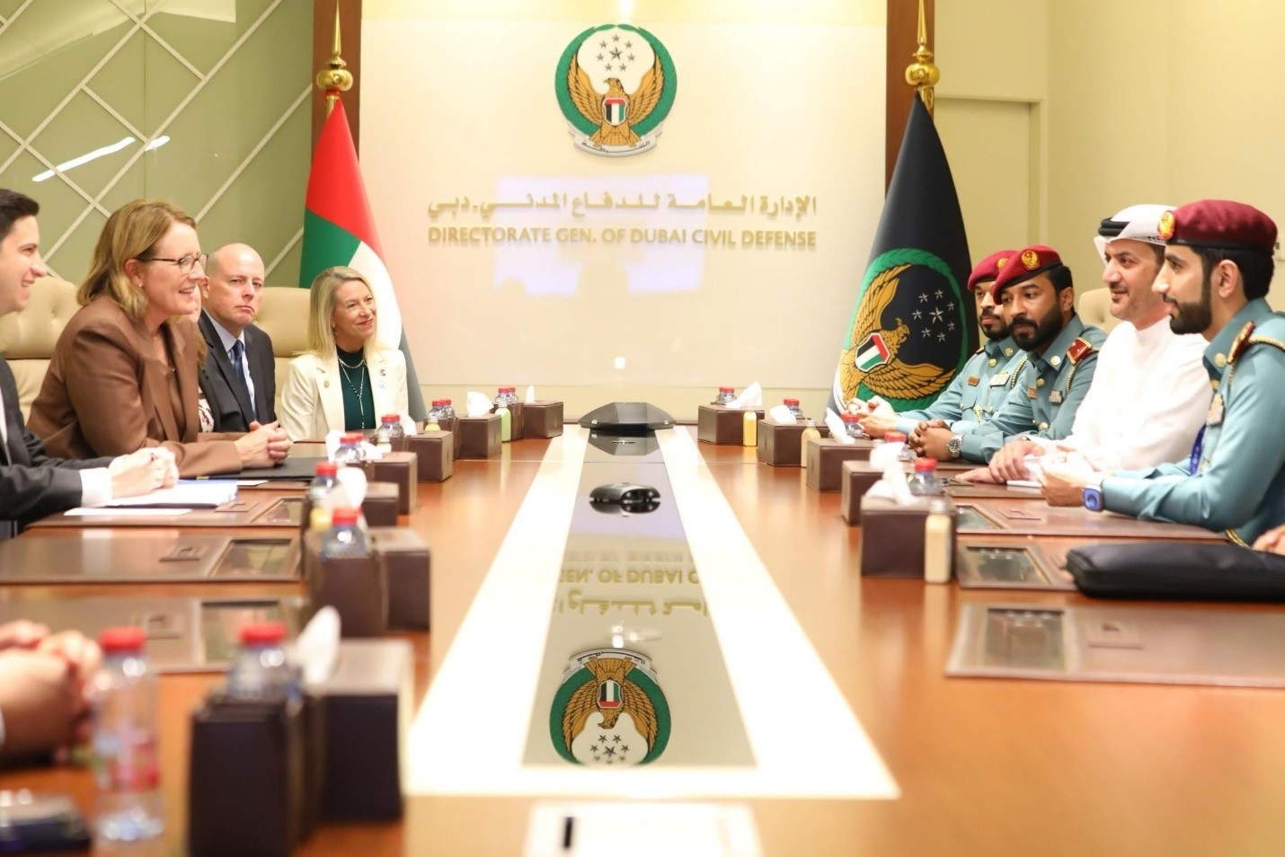 FEMA Administrator Deanne Criswell (middle left) and Deputy Director of Dubai Civil Defense and Deputy Commander of UAE Civil Defense His Excellency Major General Jamal bin Aded Al Muhairi (middle right) met with staff to discuss disaster resilience and shared COP28 goals. (UAE Civil Defense Photo)