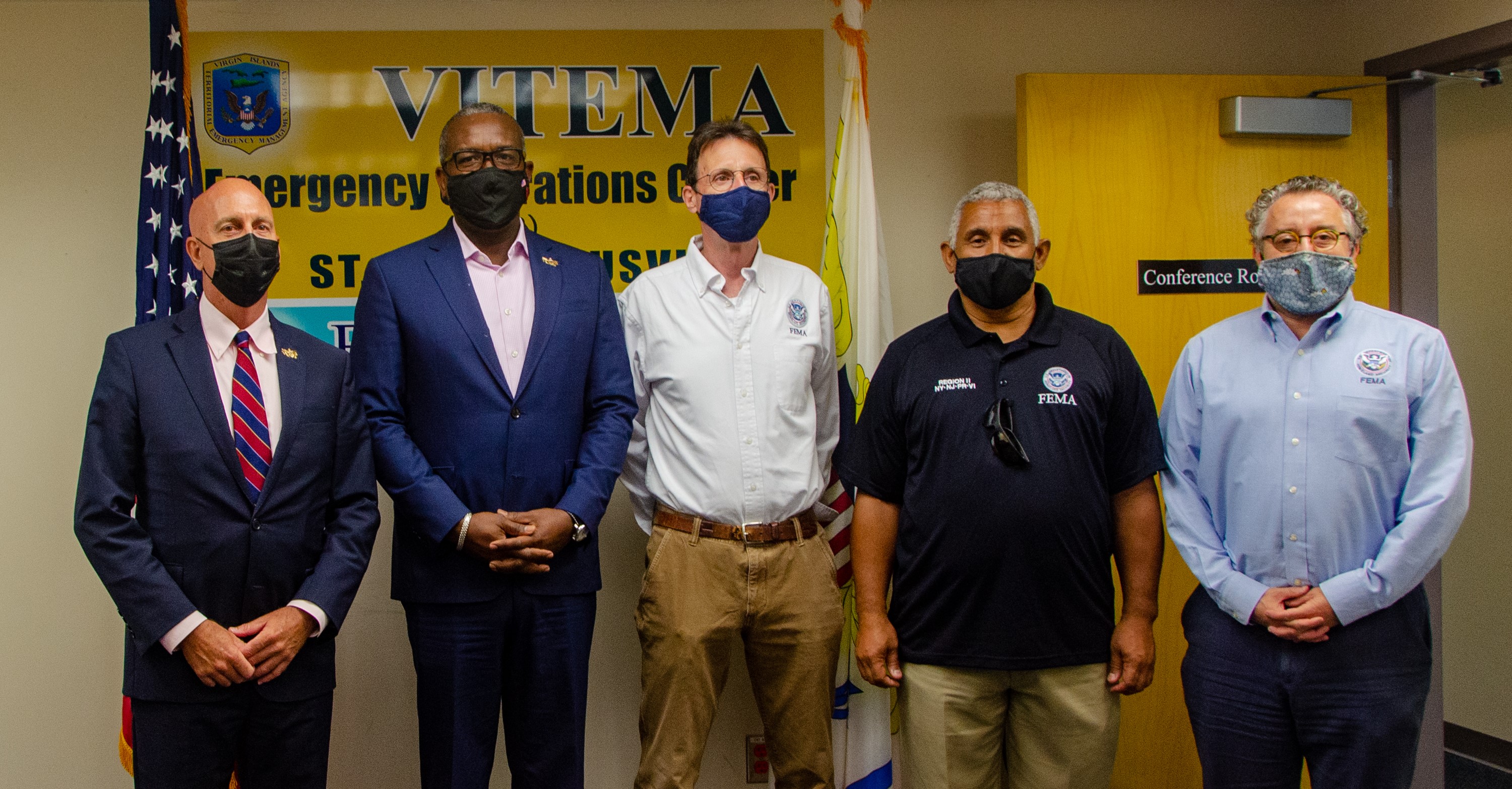 V.I. Territorial Emergency Management Agency Director Daryl Jaschen, (left to right), Governor Albert Bryan Jr., Region 2 Acting Administrator Thomas Fargione, U.S. Virgin Islands Caribbean Area Office Coordinator Mark A. Walters and Region 2 Preparedness Division Director Russell Fox gather at VITEMA.  