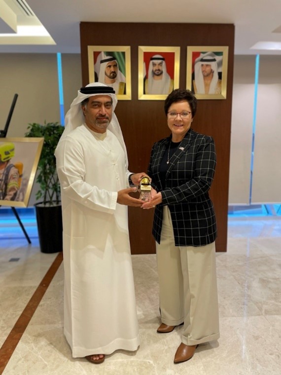 U.S. Fire Administrator Dr. Moore-Merrell meets with Brigadier Expert Ali Hassan Al Mutawa, Assistant Director-General of Dubai Civil Defense for Fire and Rescue Affairs to discuss Dubai fire safety.