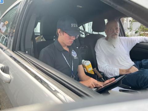 Caption: Steinhatchee, Fla. (Oct. 1, 2024) - FEMA Disaster Survivor Assistance Teams help survivors of Hurricane Helene.