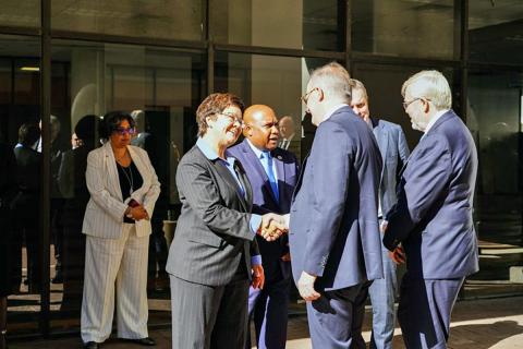 Image with caption: WASHINGTON, DC -- Prime Minister Anthony Albanese of Australia visited the Federal Emergency Management Agency (FEMA) Headquarters.  He is greeted by U.S. Fire Administrator Dr. Lori Moore-Merrell. 