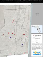 Location of Buildings Included in Phase 2 of the Broward County Study. Loss Avoidance Study: Florida. Locations of shutter mitigation type shown as well as roads and county boundaries.