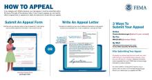 Graphic on how to appeal a FEMA decision, including how to submit an appeal form or write an appeal letter and 3 ways to submit your appeal