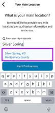 Your Main Location screen. “Silver Spring” entered. Text box with “Silver Spring, MD Montgomery County” highlighted.
