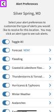 Alert Preferences screen for Main Location. Back arrow at top left highlighted.