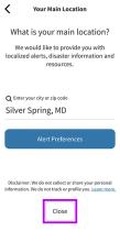 Your Main Location screen. “Close” button at bottom highlighted.