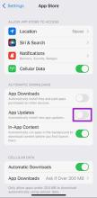 iPhone App Store screen. Highlighted “App Updates” toggle in Off position