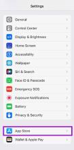 “Settings” options on iPhone. Highlighted “App Store” option.