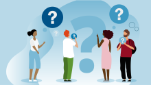 A graphic showing people and question marks.