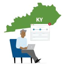 Graphic of a man sitting on a chair with his laptop with the state of Kentucky and an application screen in the background