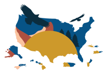 This graphic shows a map of the United States, with tribes and territories called out. It features elements of nature like the sun, trees, and large birds.