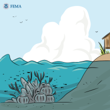 A drawing showing an ocean, and a coral reef below the surface of the water.