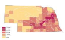 The picture shows a map of Nebraska's riverine flooding by county.