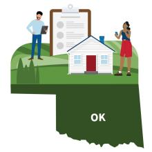 Graphic of the state of Oklahoma and a man and woman holding mobile devices with a house and paperclip in between them.