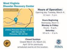 West Virginia DRC Mercer County Lifeline Princeton Church of God 250 Oakvale Rd. Princeton, WV 24740 Hours of Operation. Monday to Friday: 9 a.m. - 5 p.m. Saturday: 10 a.m. - 2 p.m. Closed Sundays. Closed March 14, March 22, and April 19 for previously scheduled events at this location.