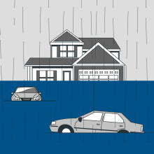 A flooded street with a house and two cars