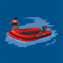 A rescue boat with rescue team written on it with an emergency responder pulling it standing in water with a rescue team life vest