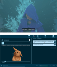 Scene from the video game of a cloaked figure telling a rabbit "I'm here to help you."