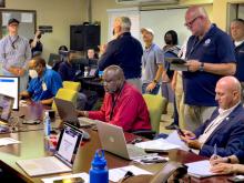 FEMA and Virgin Islands Territorial Emergency Management Agency staff at the St. Croix Emergency Operations Center work together both in-person and virtually with their territorial and federal partners on St. John and St. Thomas during a hurricane preparedness exercise. Last week, federal and territorial partners focused on strengthening hurricane preparedness focus areas during the Capstone Exercise Series across the territory.